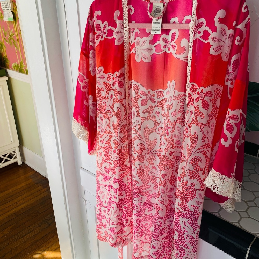 Boho Anthropologie “In Bloom” Silk Sheer Red & Pink🌺Floral & Lace Robe w/Belt